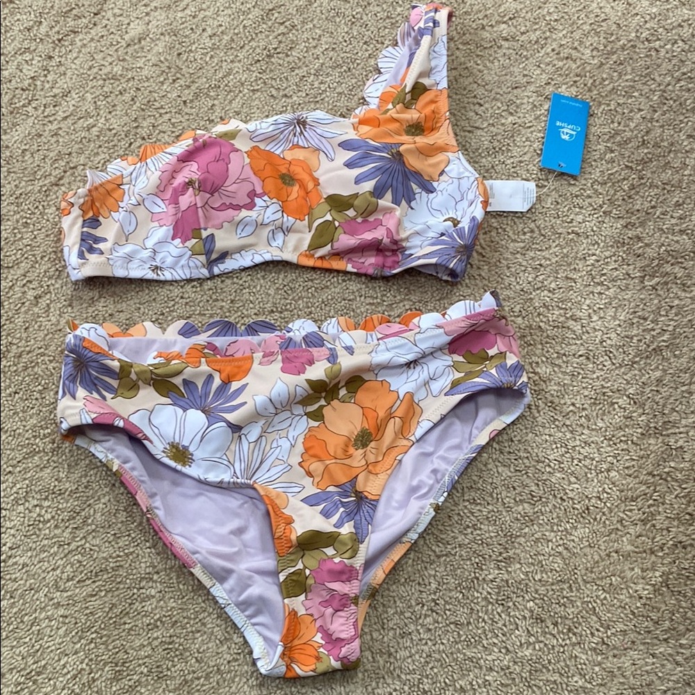 Cupshe Floral One-Shoulder Bikini - Orange, Purple, Pink